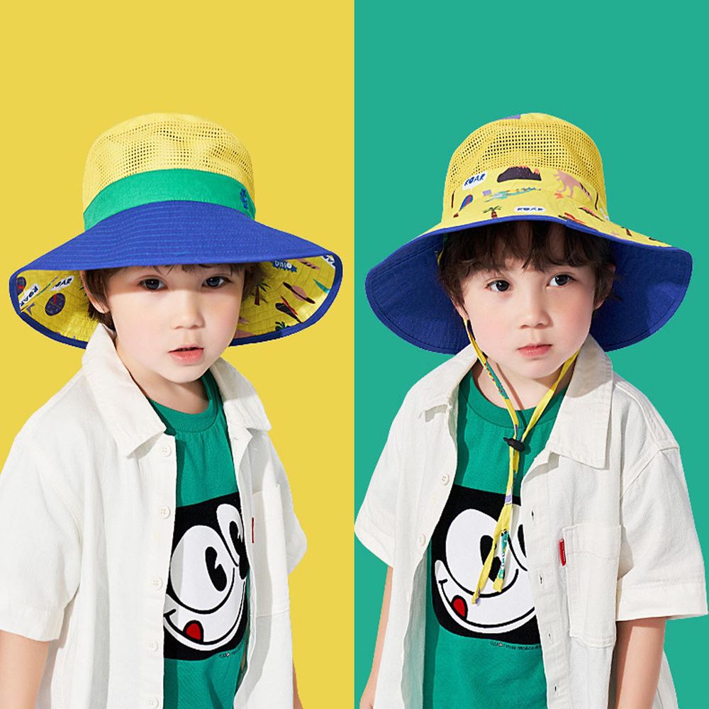 可調節兒童大帽簷防曬遮陽帽-恐龍星球-藍+黃
