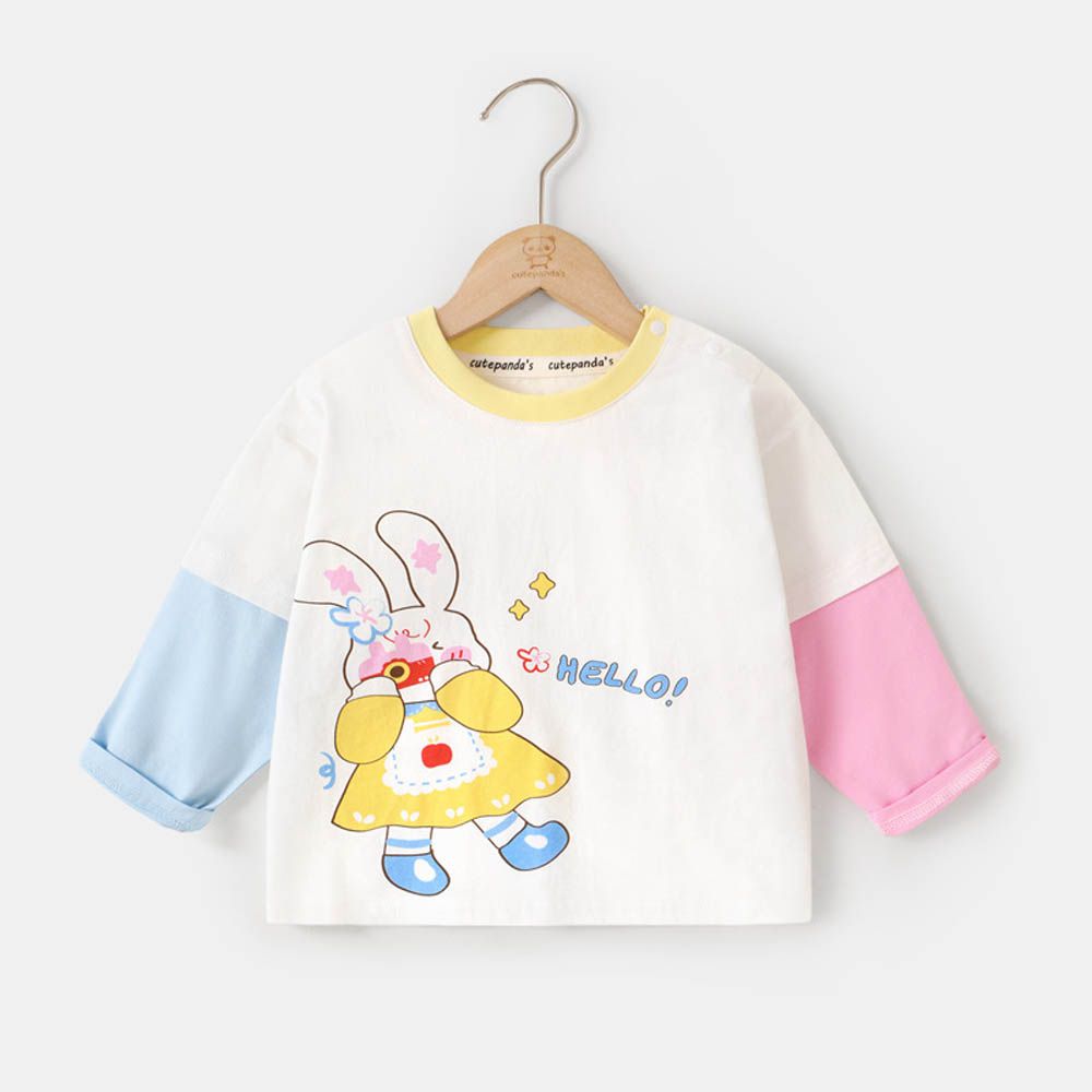 純棉圓領假兩件長袖上衣-哈囉兔兔-白色
