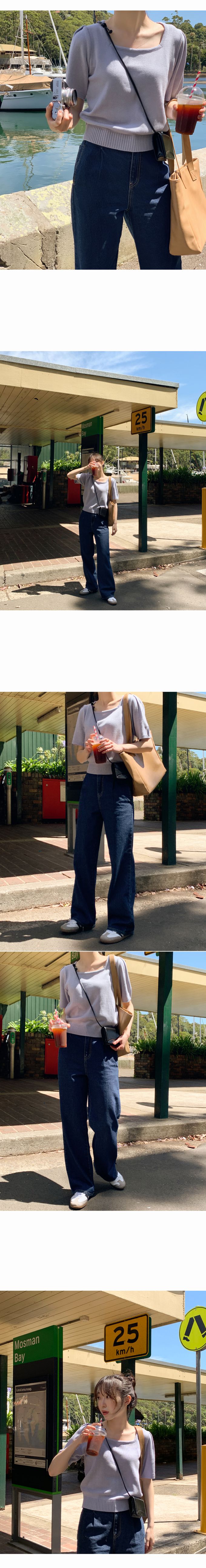 韓國 98doci - 氣質方領針織短袖上衣-薰衣草紫