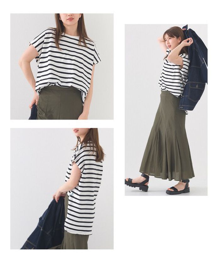 日本 OMNES - 接觸冷感 純棉不易皺法式袖上衣-細條紋-藍x白