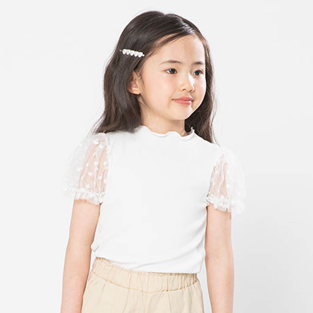 甜美網紗泡泡袖上衣-白