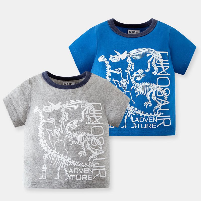 BE TOP - 純棉短袖上衣-考古恐龍化石-灰色