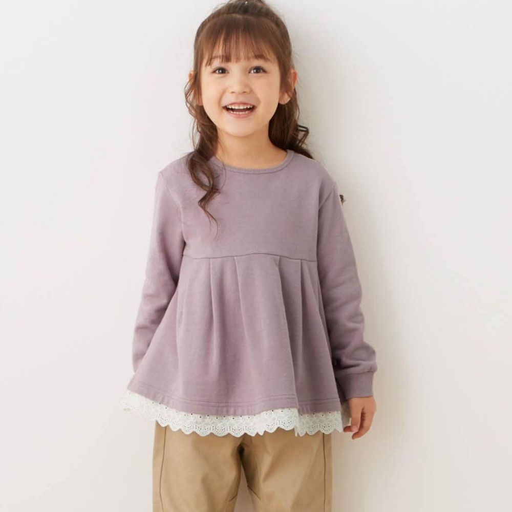 日本千趣會 - 蕾絲拼接刷毛長袖上衣-丁香紫
