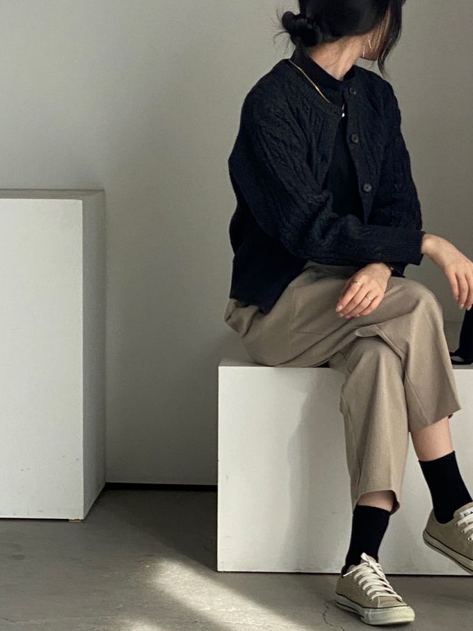 韓國女裝連線 - 麻花捲鈕扣無領針織外套-黑灰 (FREE)