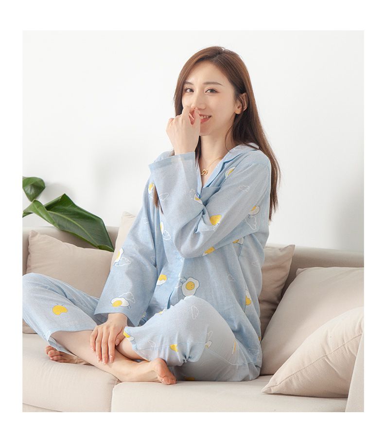 雙層棉紗布長袖家居睡衣套裝-成人款-藍底荷包蛋