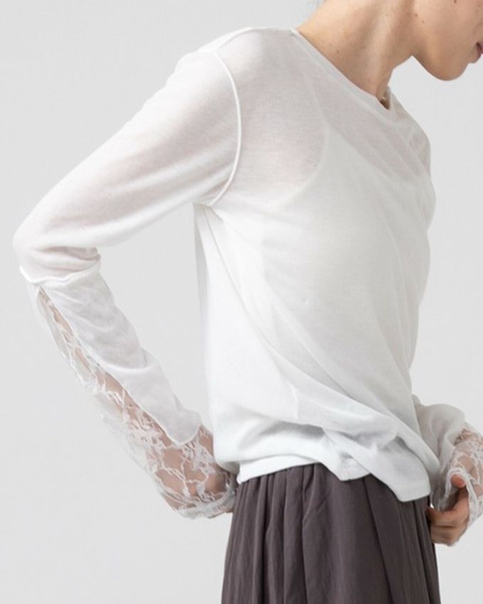 日本 gleam - 薄透合身蕾絲拼接長袖上衣-白