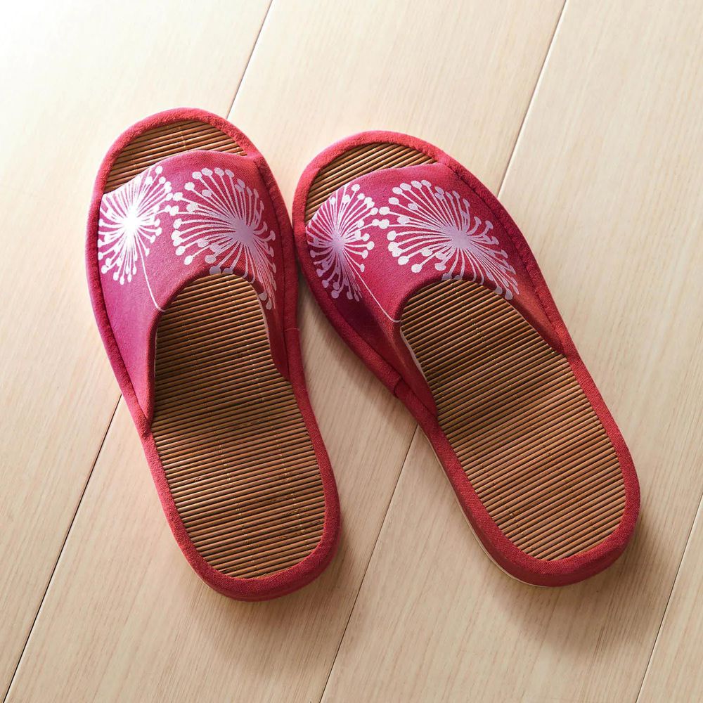 日本千趣會 - 涼爽棉麻竹編室內拖鞋-花朵-玫瑰粉