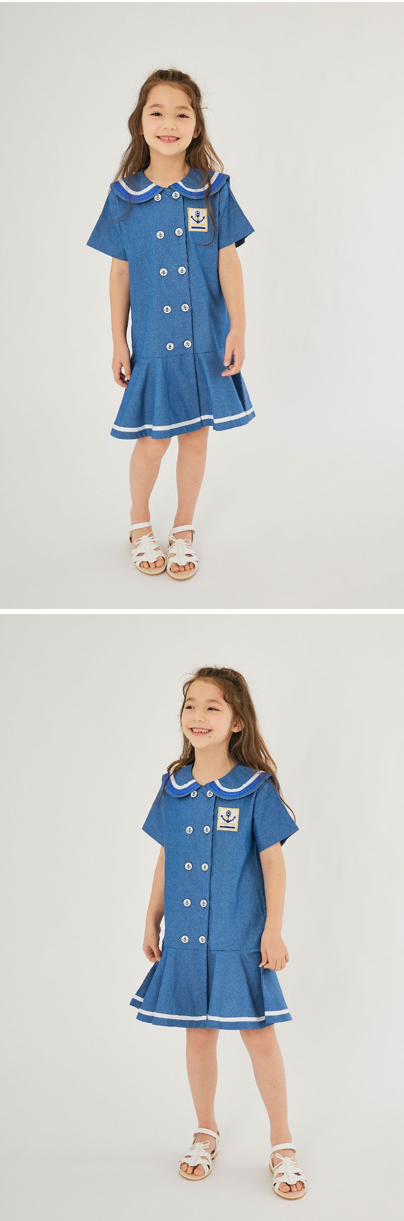 韓國 OZKIZ - 丹寧水手排釦連身洋裝-丹寧藍