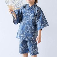 日本 devirock - 期間限定！經典日式風甚平套裝-煙火-靛藍
