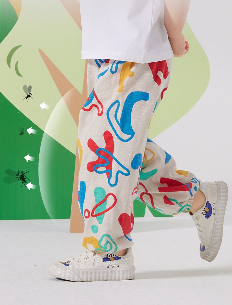 竹節棉束口長褲/防蚊褲-滿版繽紛英文字母-杏色