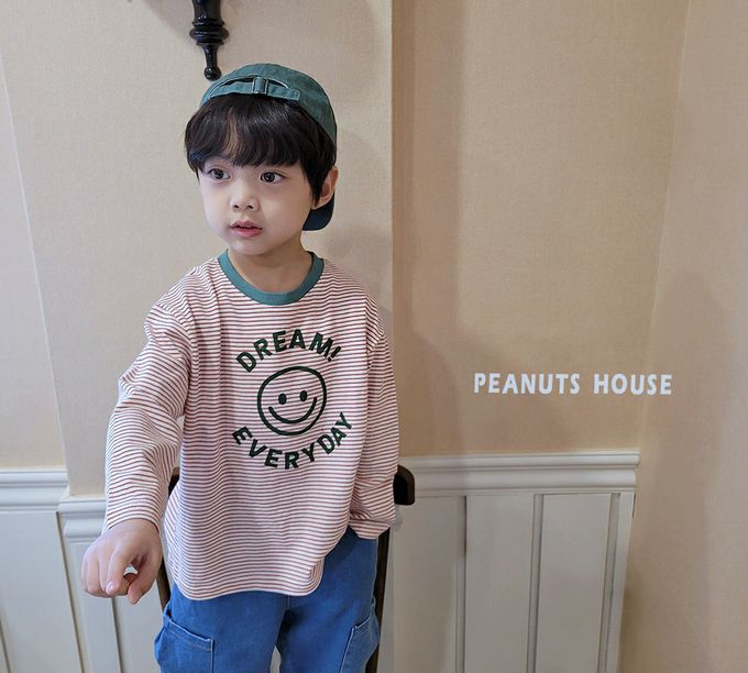韓國 Peanuts House - 笑臉印細橫紋長袖上衣-紅X綠