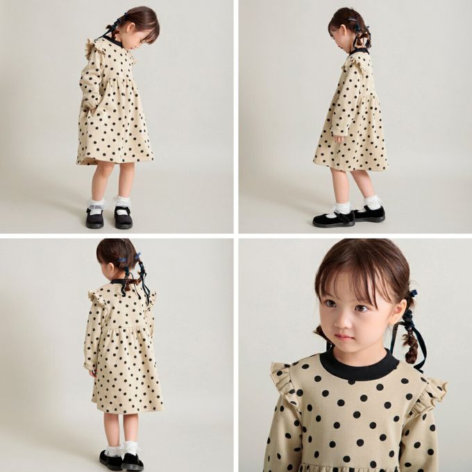 日本 BRANSHES - 荷葉肩保暖裏起毛長袖洋裝-格子-灰黑