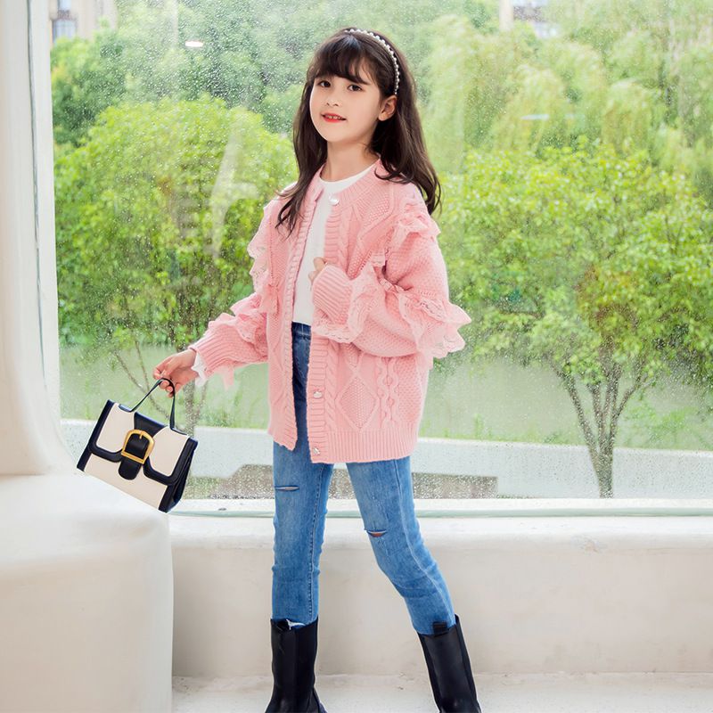 甜美蕾絲花邊針織毛衣外套-米杏