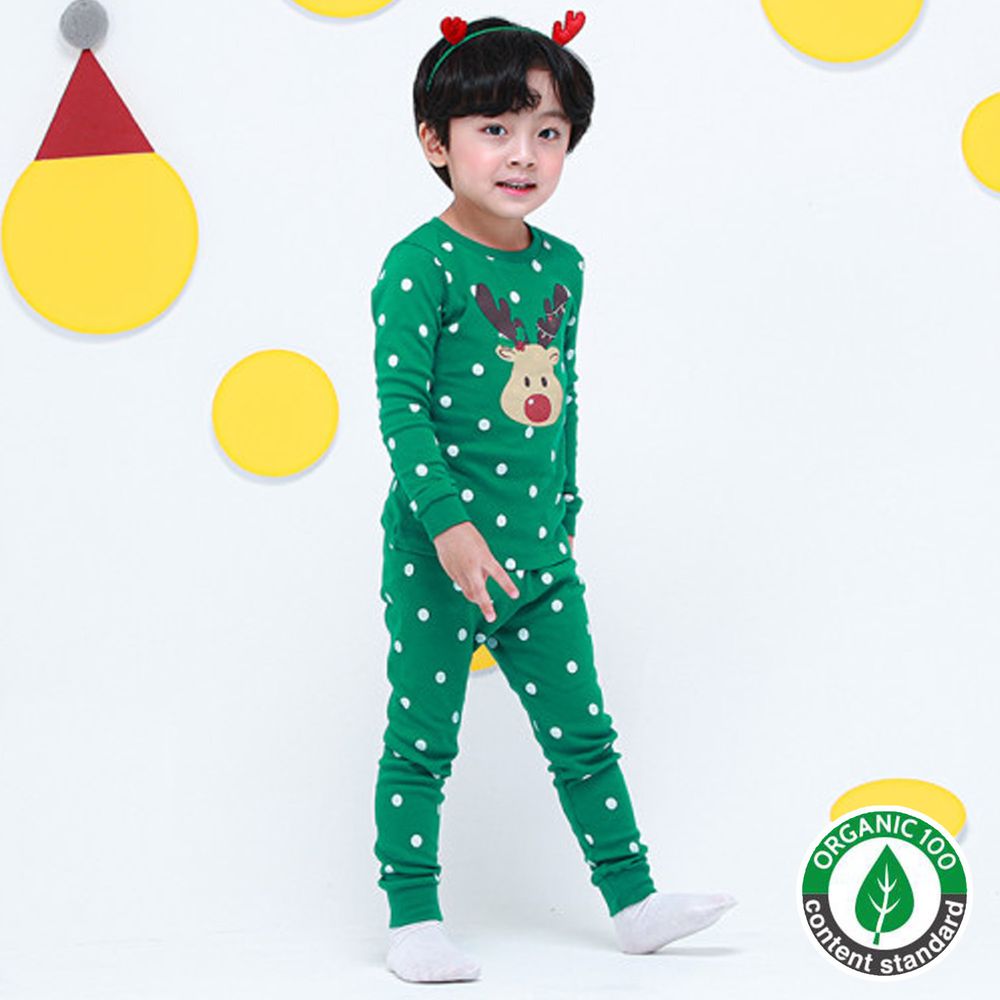 韓國 Ppippilong - (聖誕限定款)30支有機棉長袖家居服-點點麋鹿-綠
