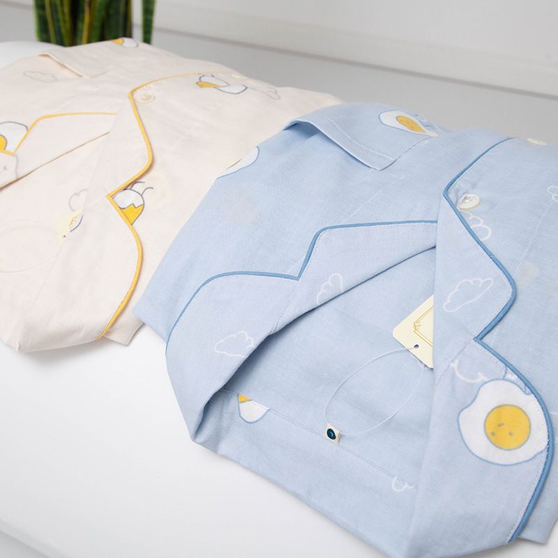 雙層棉紗布長袖家居睡衣套裝-成人款-藍底荷包蛋