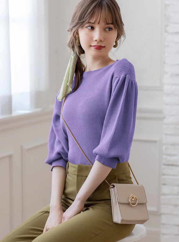 日本 GRL - 輕薄針織小澎袖五分袖上衣-杏