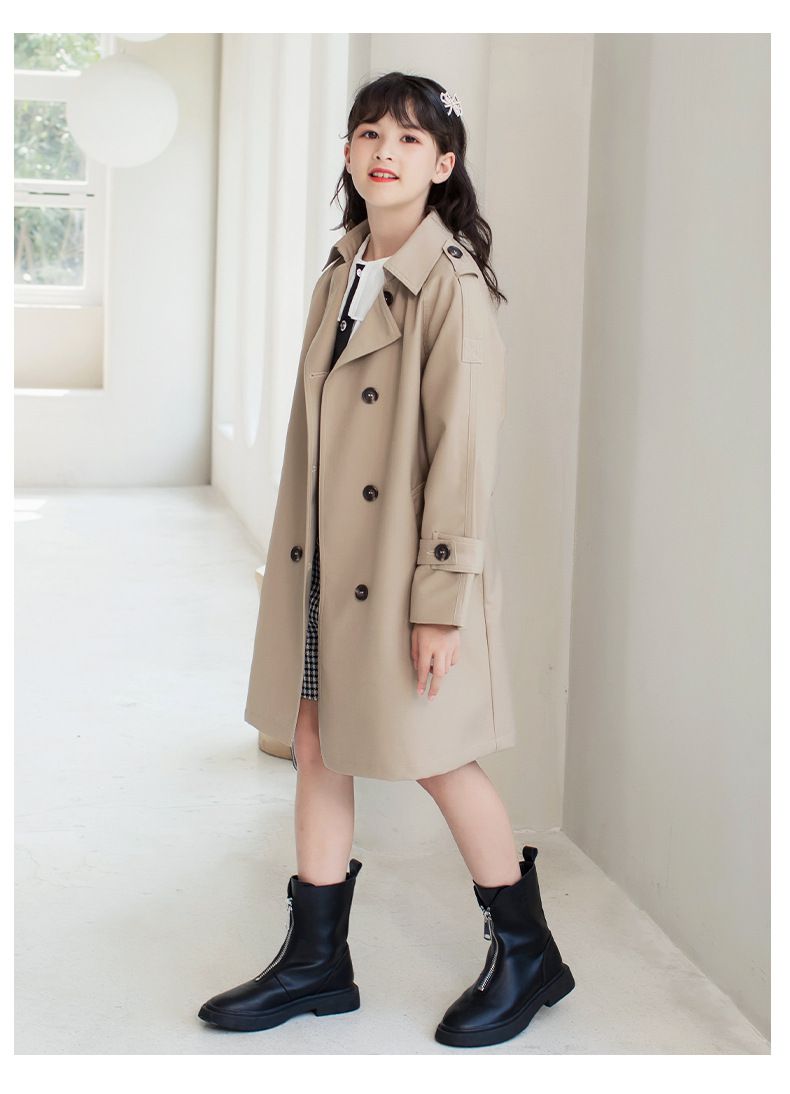 英倫風氣質長版風衣外套-杏色