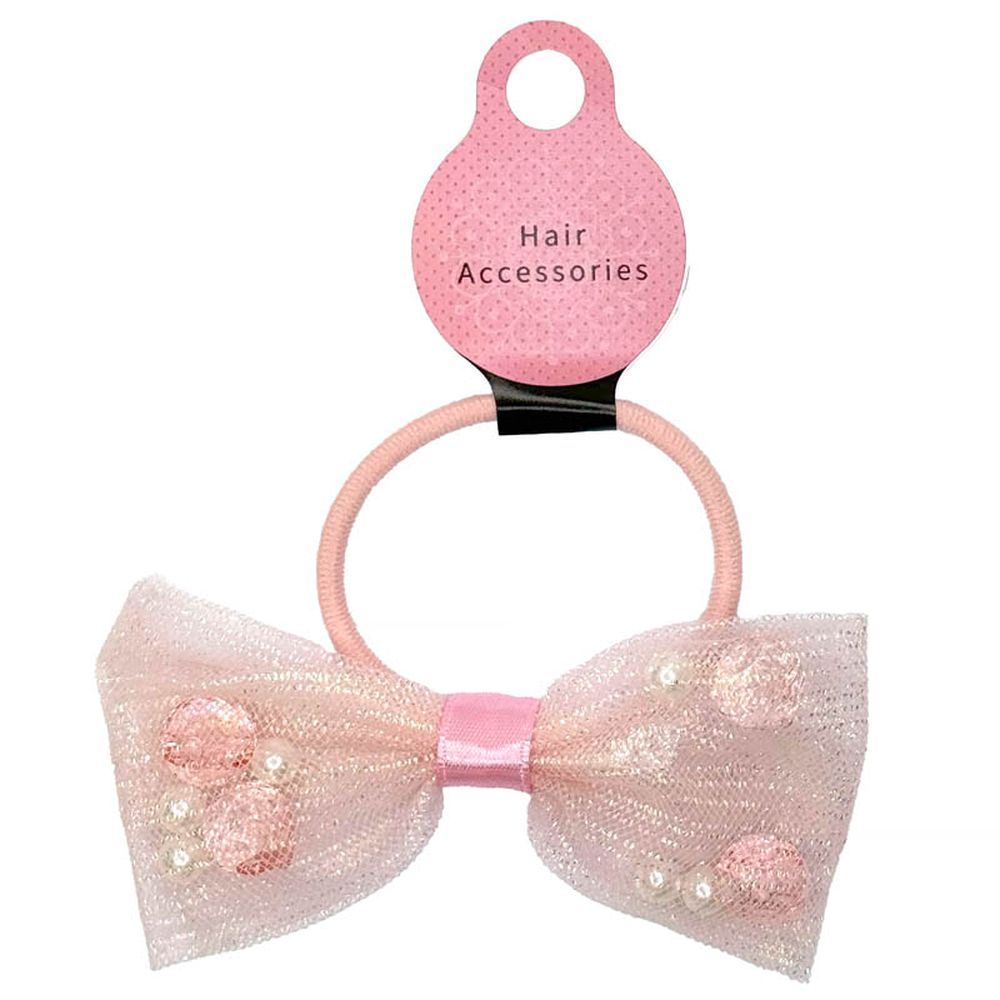 髮圈-珠珠網眼蝴蝶結-粉紅色