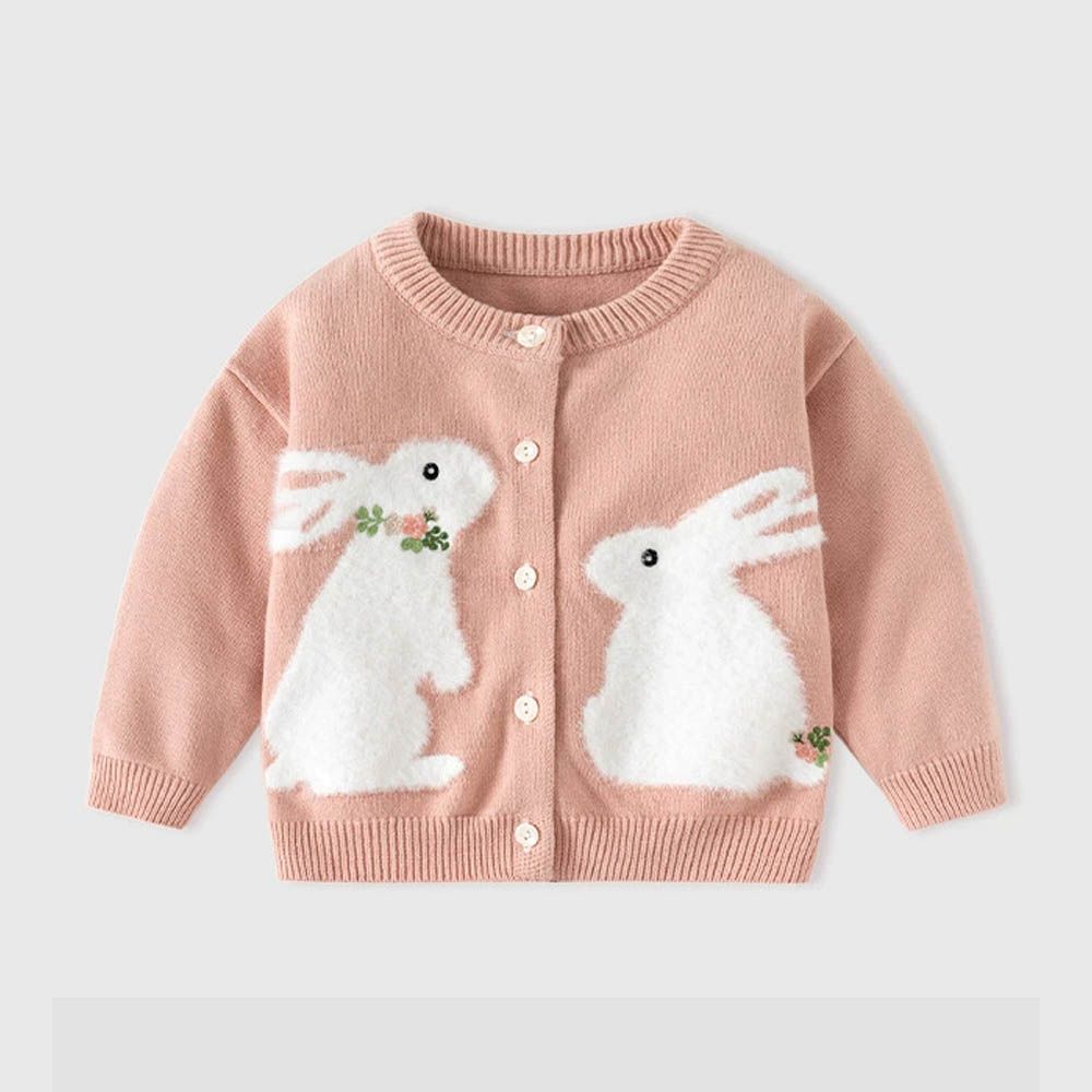 舒適圓領針織排釦外套-毛絨小兔-粉色