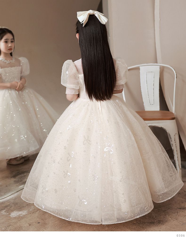 歌德風泡泡袖公主亮片網紗禮服-短裙款-香檳色