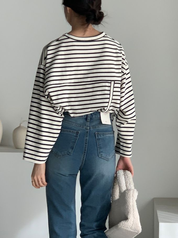 韓國女裝連線 - 不對稱後開衩條紋長袖上衣-黑藍 (FREE)