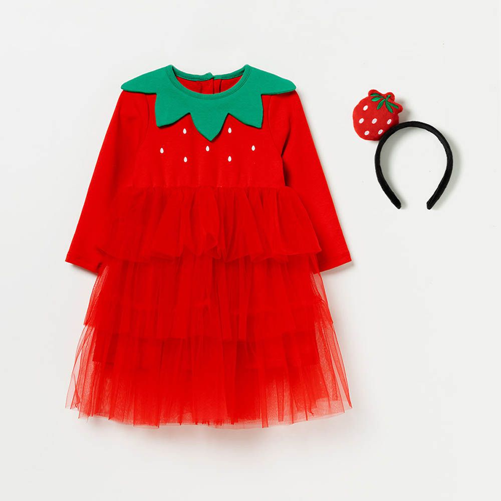 草莓公主層次長袖洋裝(附髮箍)-紅