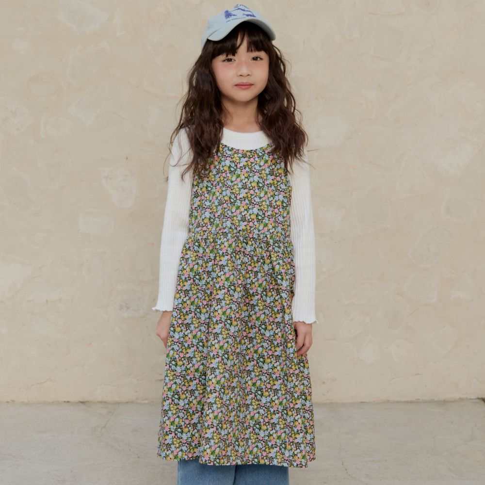 NAVi 藝術感碎花收腰細肩洋裝-黑底-黃X粉X藍花