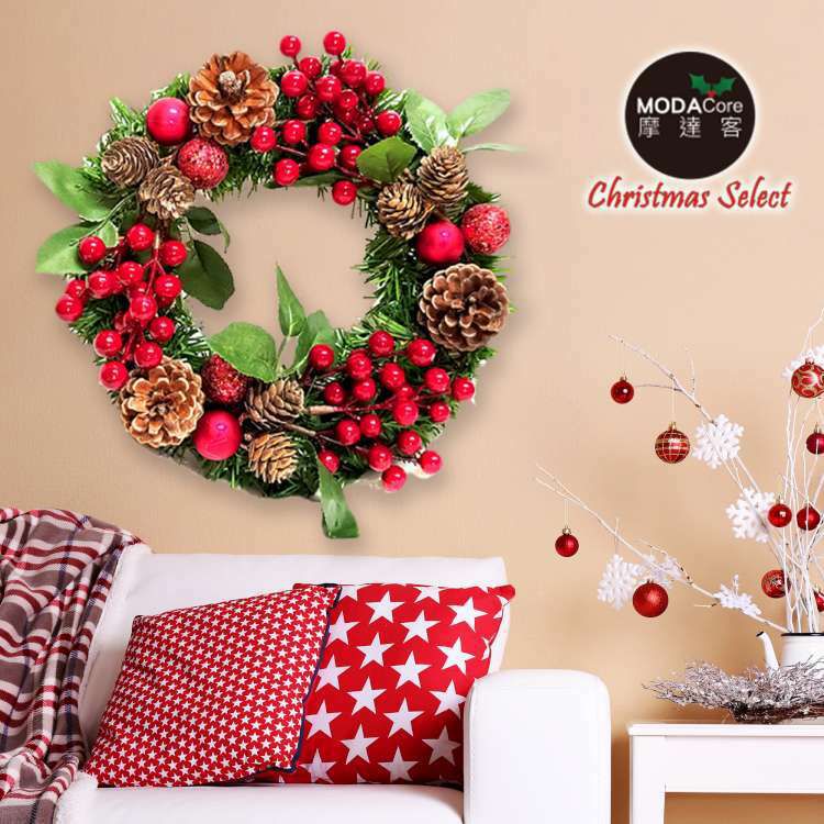 MODACore 摩達客 - 耶誕-台製歐風典雅10吋大地盛宴紅球果松果聖誕花圈_福臨圈(免組裝/台灣設計手工藝製) 本島免運費