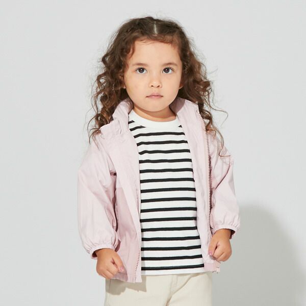 日本 petit main - 拼接雙色連帽輕量防風外套-淺黃x薄荷