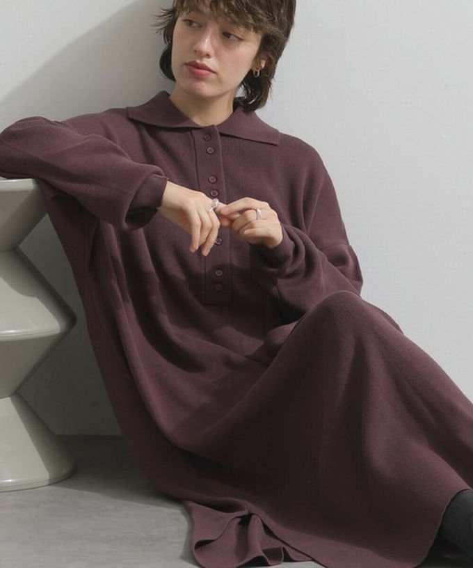 日本 Lupilien - 氣質排扣polo衫針織長袖洋裝-灰