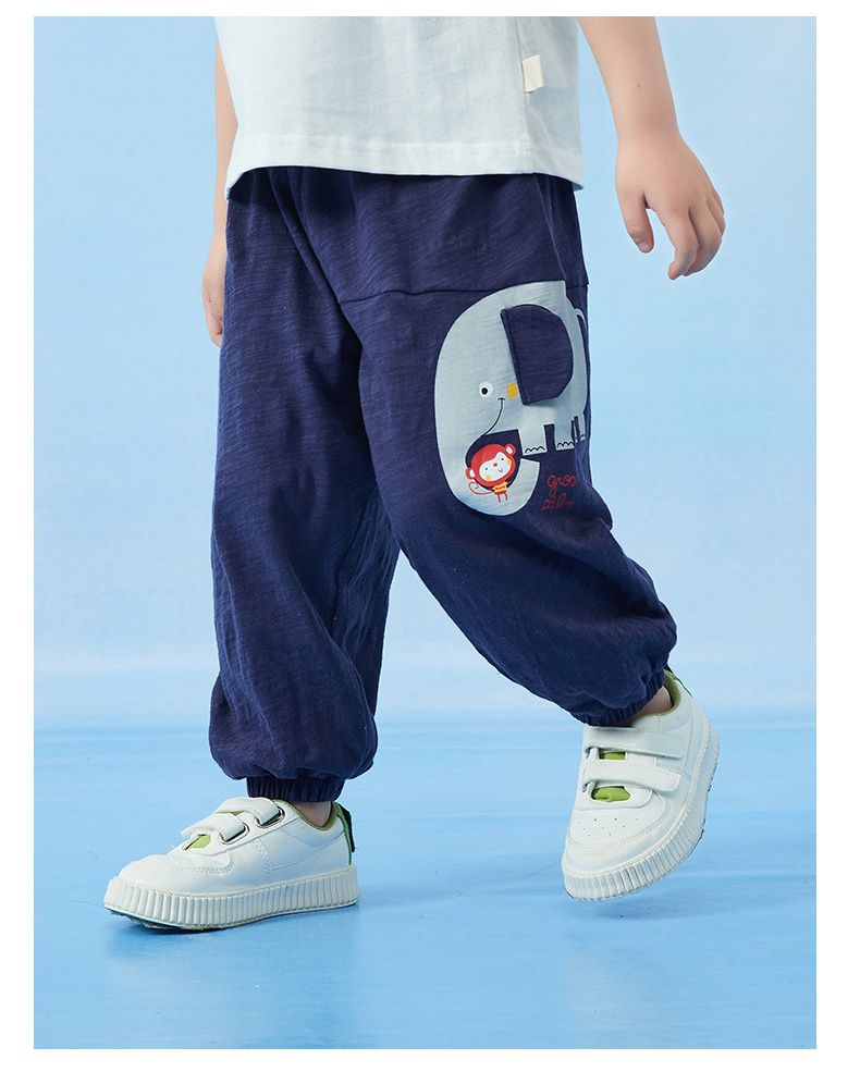 竹節棉束口長褲/防蚊褲-小象與猴子-深藍色