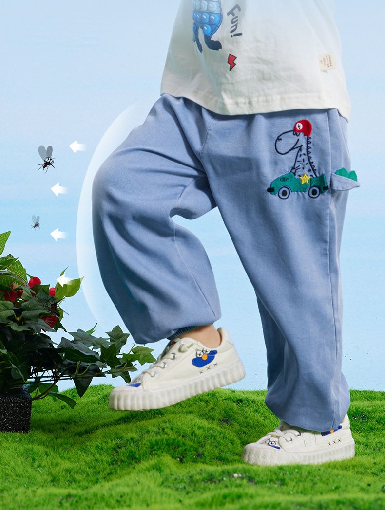 百搭牛仔束口長褲/防蚊褲-恐龍開車-牛仔藍