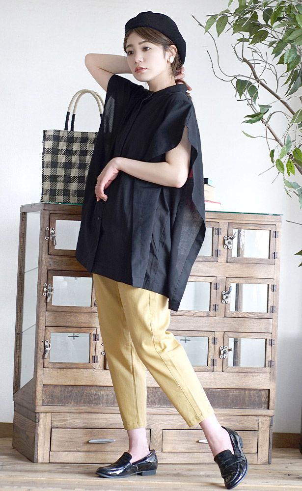 日本 zootie - 輕薄微立領長版法式袖短袖襯衫-白