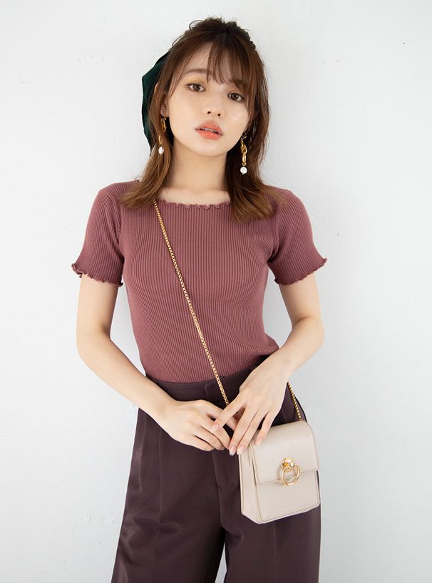 日本 GRL - 圓領木耳捲邊合身短袖上衣-煙燻粉