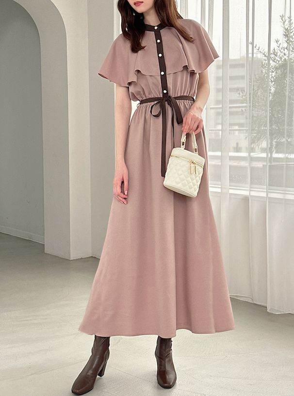 日本 GRL - 法式優雅撞色收腰雪紡洋裝-深藍x白 (F)