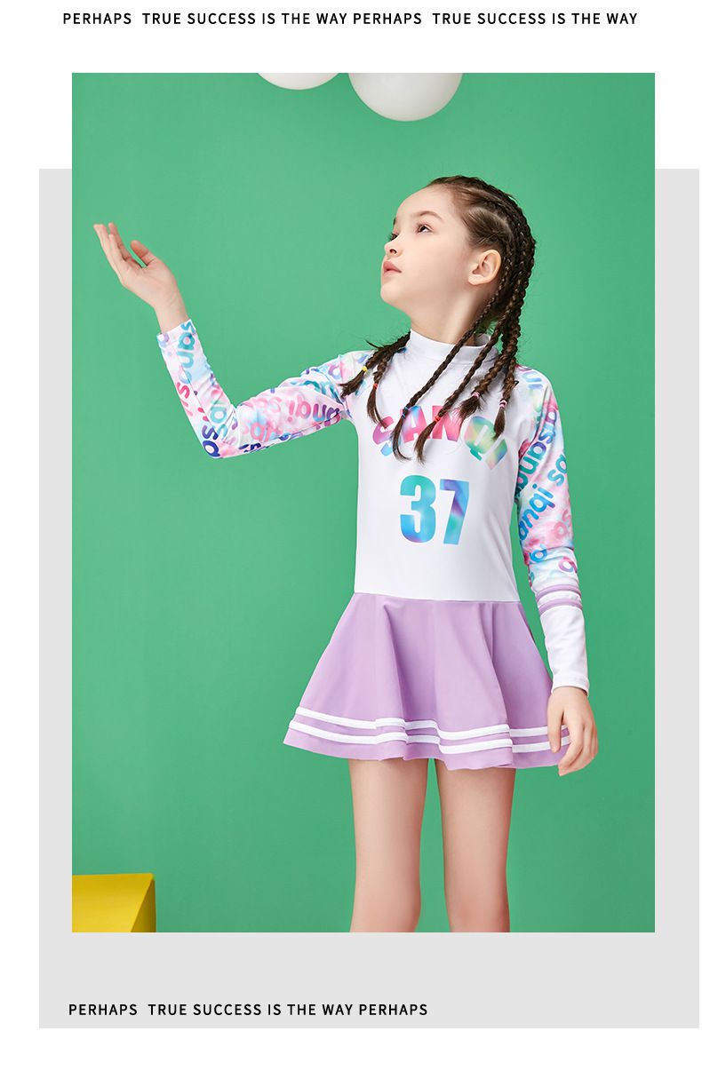 女寶運動風長袖連身裙泳衣-數字37-紫+白