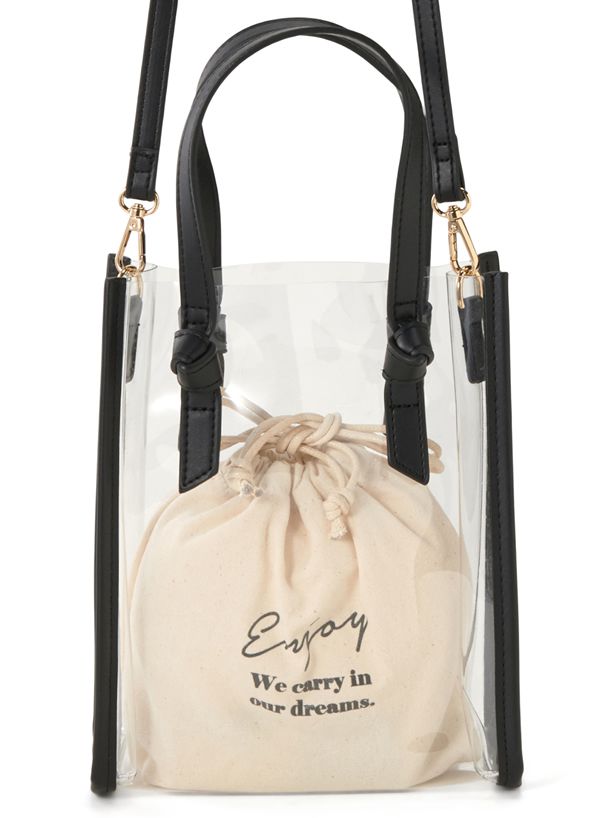 日本 GRL - 3way透明方形手提袋(附棉質束口收納袋)-黑