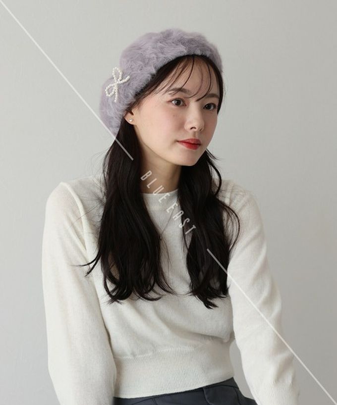 日本 BLUE EAST - 毛絨感珍珠裝飾美型貝蕾帽-白