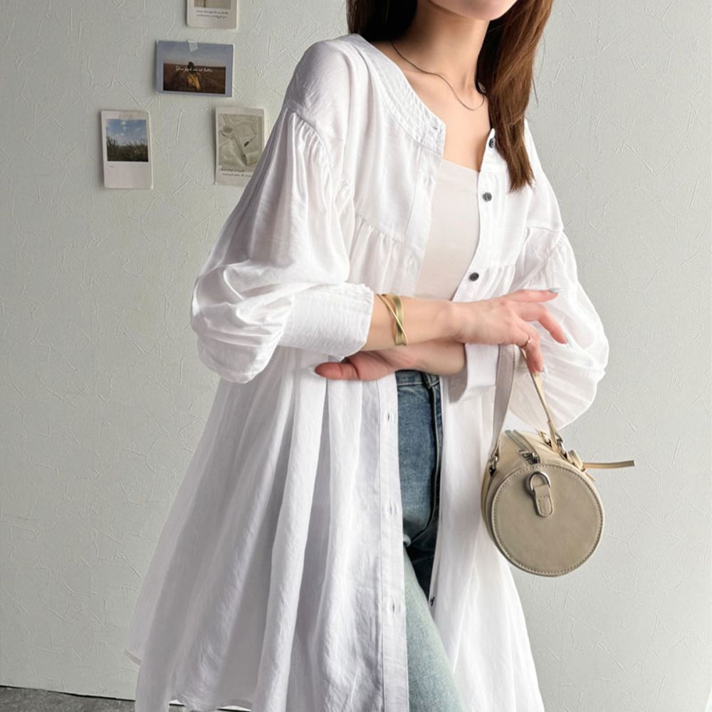 前後2way飄逸感澎澎七分袖襯衫-白