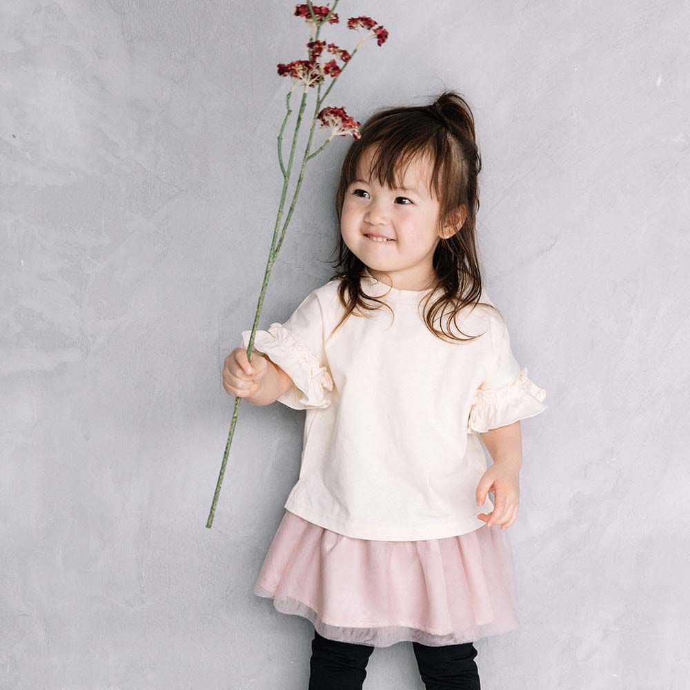 日本 ma lalumiere store - 荷葉邊清爽素色短袖上衣-牛奶白