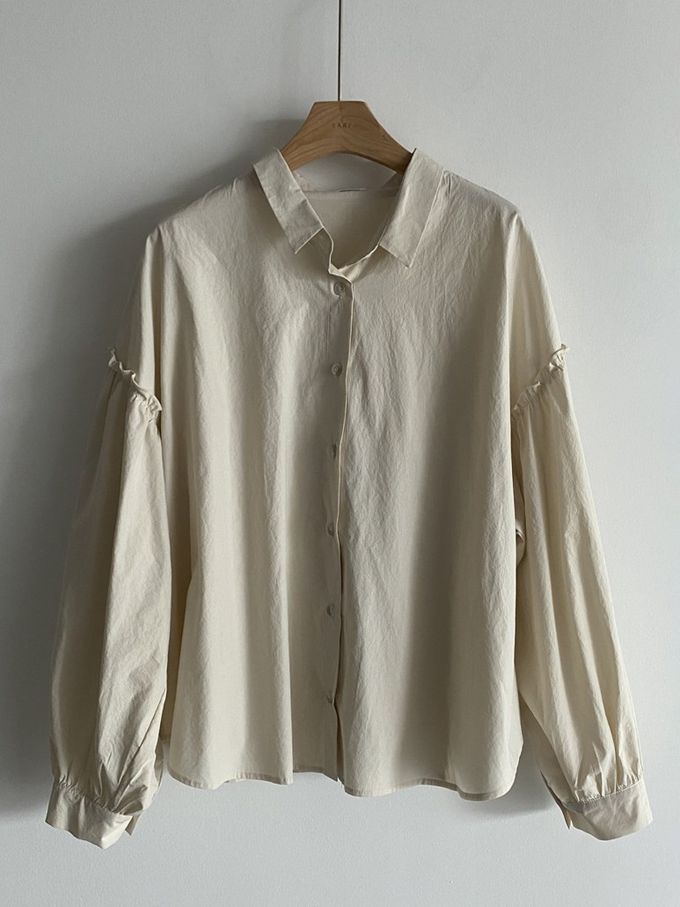 韓國女裝連線 - 極簡拼接翻領長袖襯衫-米杏 (FREE)