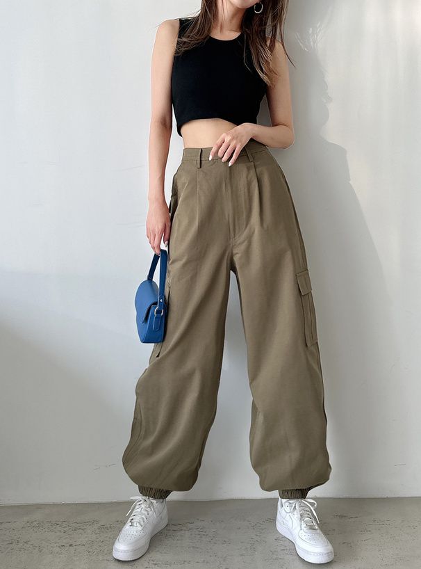 日本 GRL - 百搭顯瘦美式工裝褲-軍綠