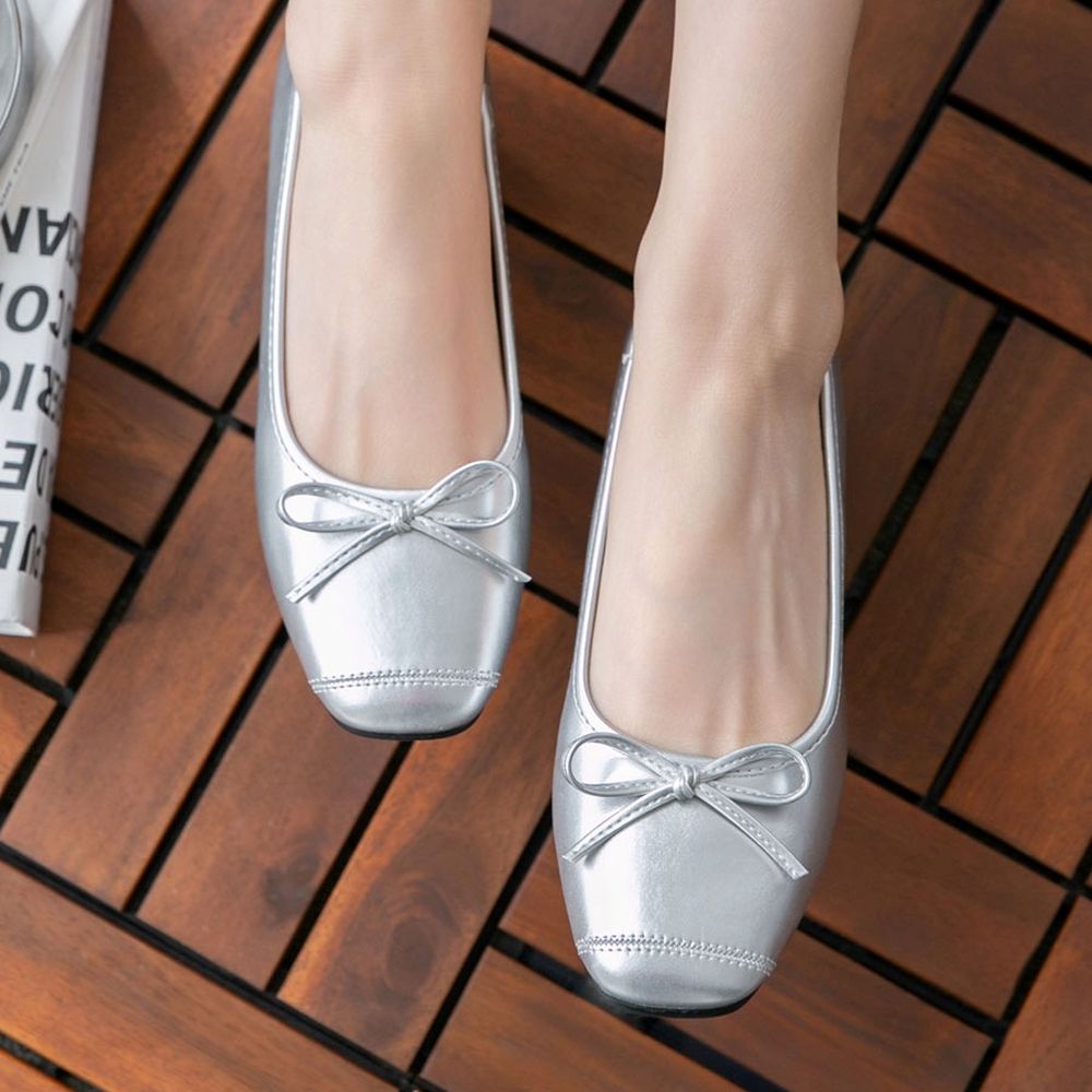 可愛蝴蝶結方頭矮跟鞋(3cm)-銀