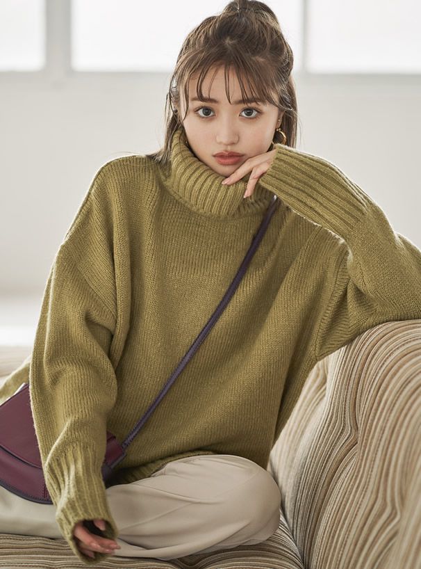 日本 GRL - 大寬鬆高領開衩針織毛衣-鐵灰