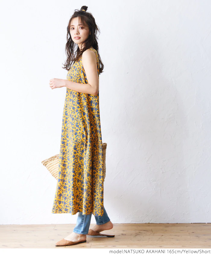 日本 COCA - 夏日繽紛碎花無袖洋裝-黃