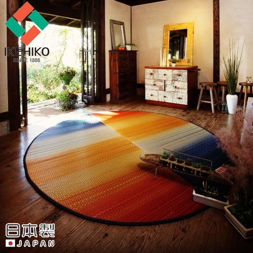 日本製藺草蓆清涼除臭橢圓形地墊191X210CM-紅藍漸層款
