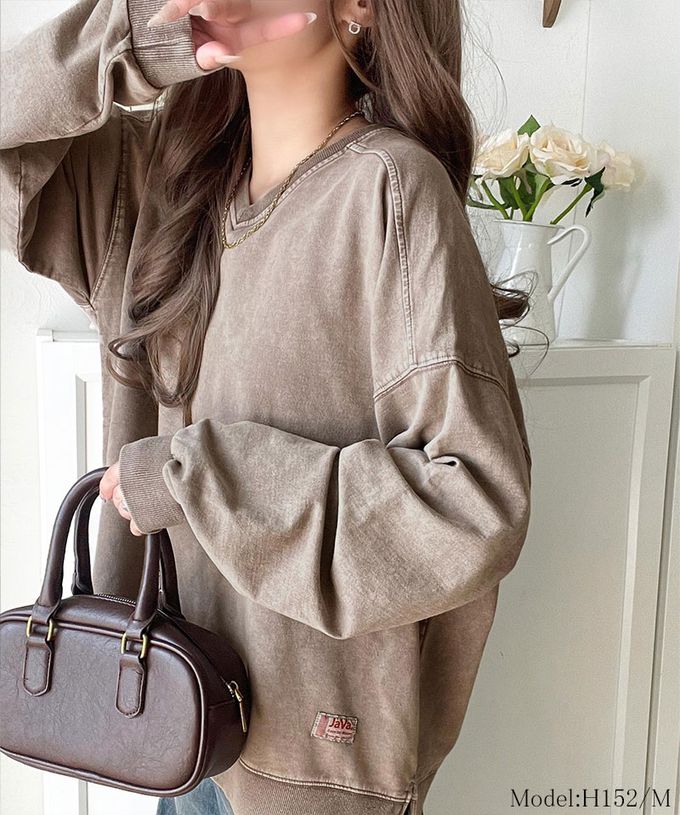 日本 Classical Elf - 俐落洗舊感V領寬版長袖T恤-炭黑