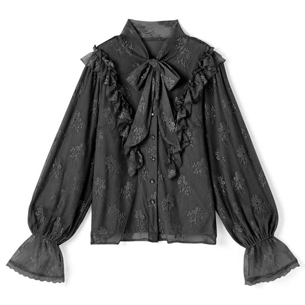 日本 GRL - 華麗刺繡綁帶長袖襯衫-時尚黑 (M)