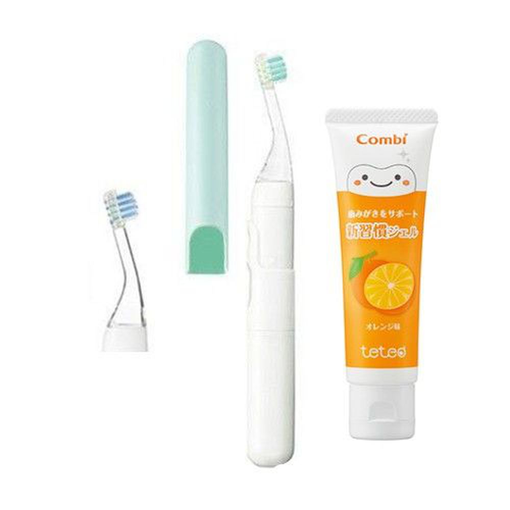 日本 Combi - teteo 幼童電動牙刷-1 + 1 實用組-電動牙刷-薄荷綠x1+替換刷頭x1+橘子牙膏x1(含氟量500ppm)