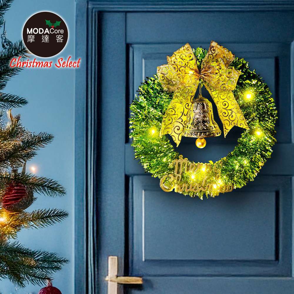 14吋時尚果綠系金蔥彎絲聖誕花圈+20燈LED暖白光燈串_本島免運費
